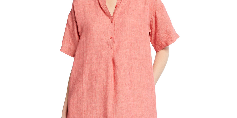 Vestido Eileen Fisher Plus de linho orgânico com gola mandarim, rosa, tamanho 2X
