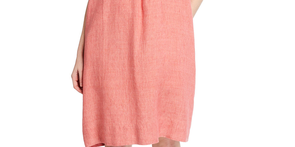 Vestido Eileen Fisher Plus de linho orgânico com gola mandarim, rosa, tamanho 2X