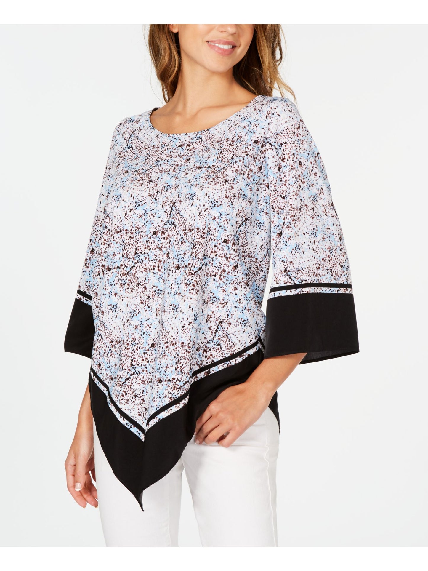 Blusa feminina Alfani estampada com manga 3/4 e gola joia para usar no trabalho, tamanho azul pequeno e pequeno