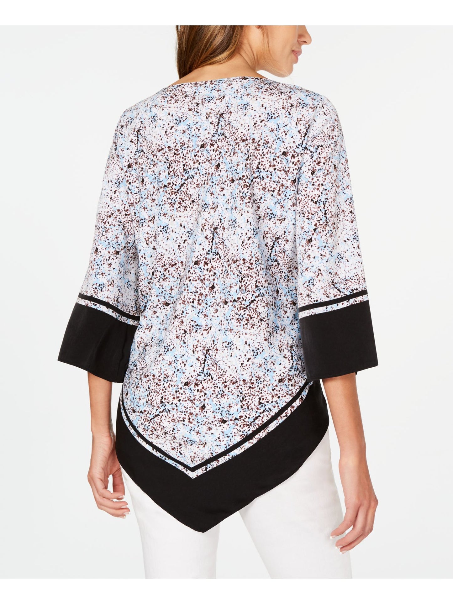 Blusa feminina Alfani estampada com manga 3/4 e gola joia para usar no trabalho, tamanho azul pequeno e pequeno