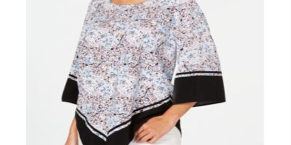 Blusa feminina Alfani estampada com manga 3/4 e gola joia para usar no trabalho, tamanho azul pequeno e pequeno