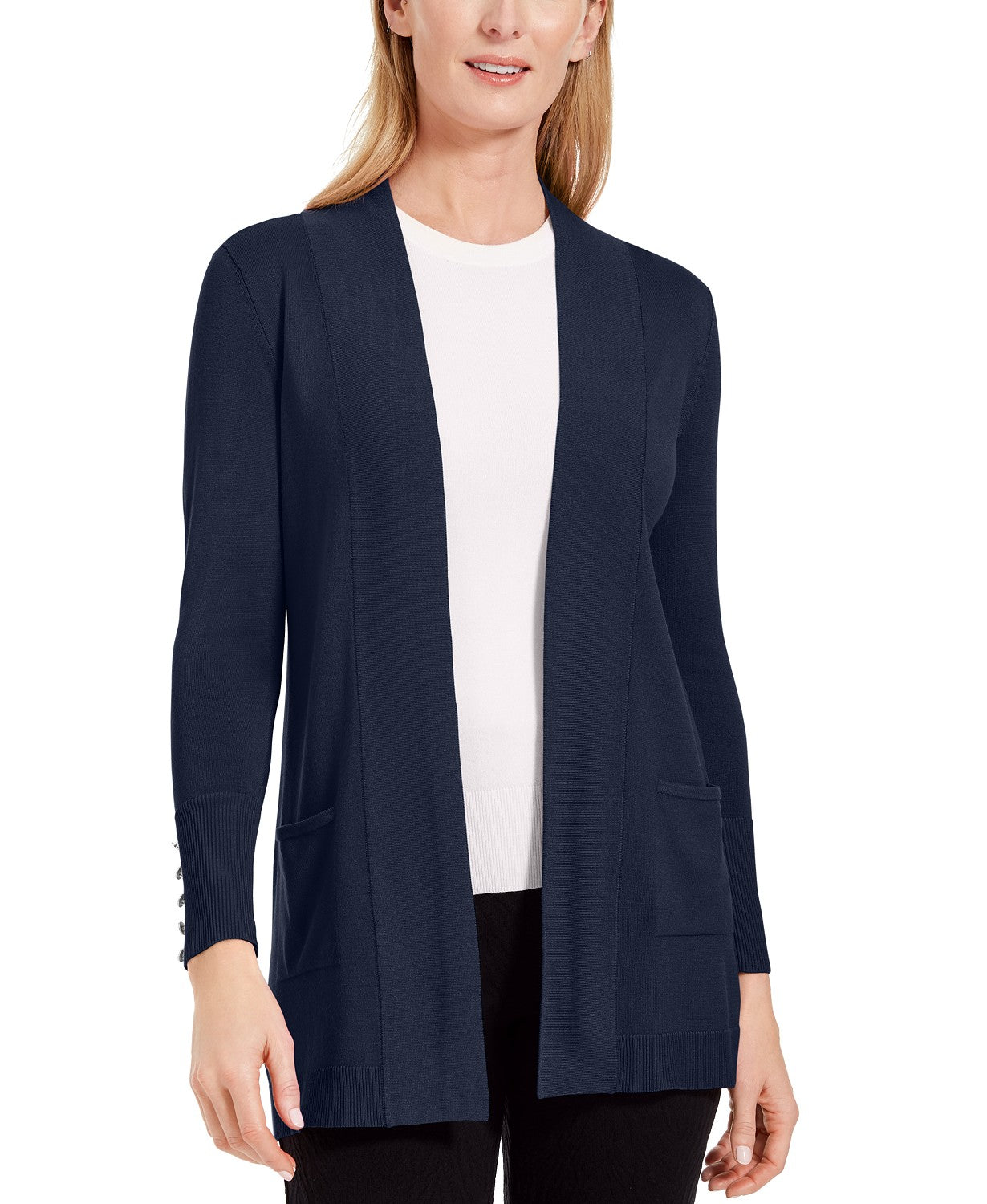 Cardigan feminino JM Collection com frente aberta, azul, tamanho grande