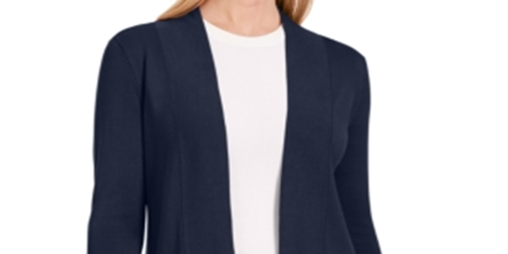 Cardigan feminino JM Collection com frente aberta, azul, tamanho grande