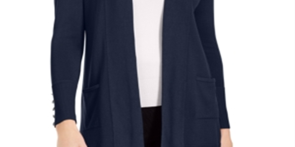 Cardigan feminino JM Collection com frente aberta, azul, tamanho grande