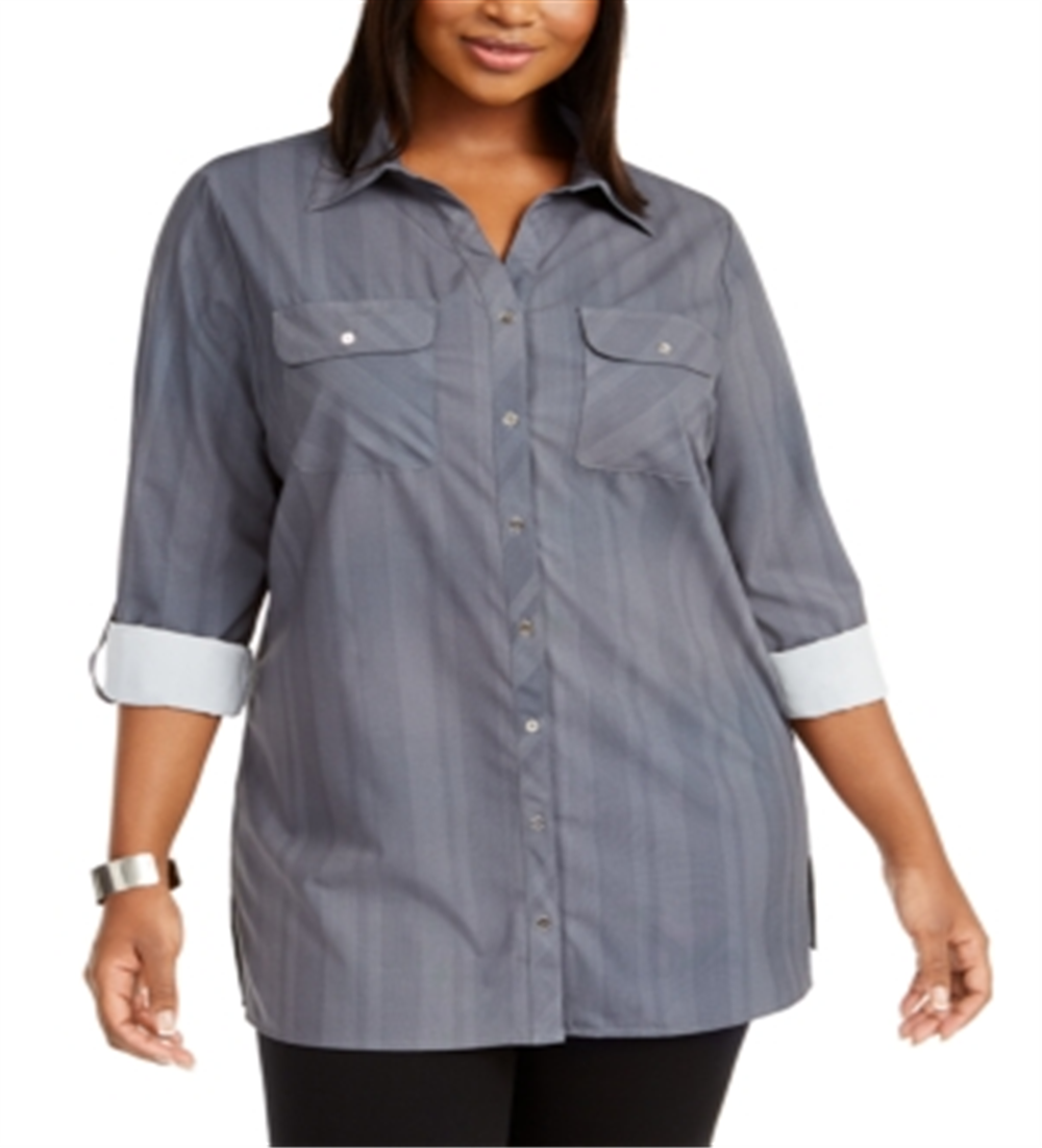 Camisa utilitária listrada plus size feminina NY Collection, azul, tamanho 1X