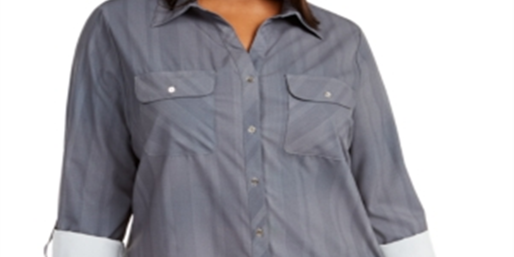 Camisa utilitária listrada plus size feminina NY Collection, azul, tamanho 1X