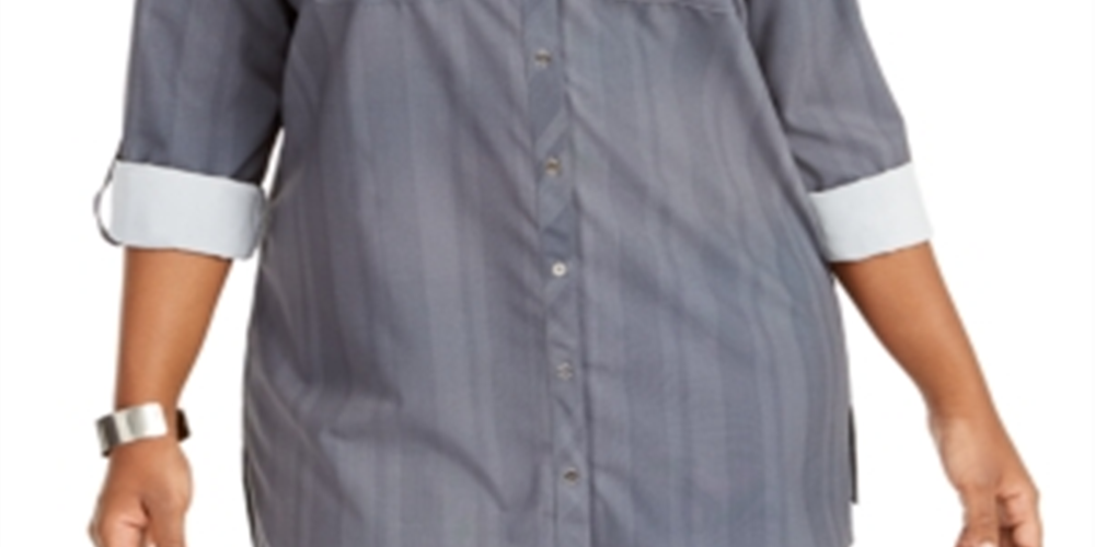 Camisa utilitária listrada plus size feminina NY Collection, azul, tamanho 1X