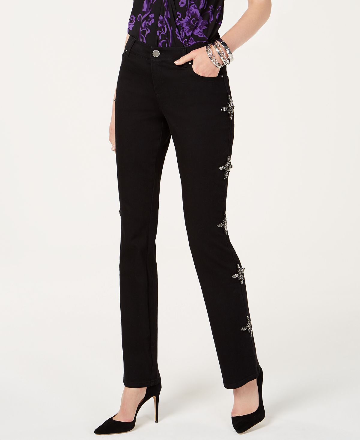 Calça jeans feminina bootcut com strass da INC International Concepts, preta, tamanho 10