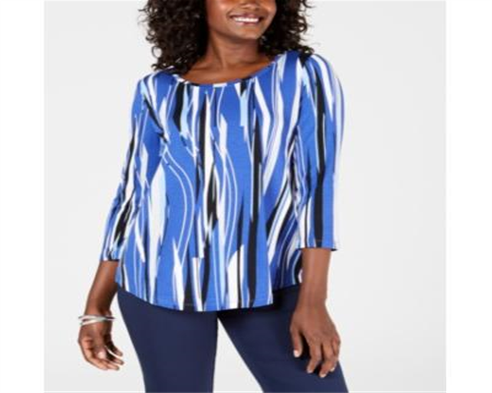 Blusa feminina estampada com manga 3/4 da coleção JM, azul, tamanho médio