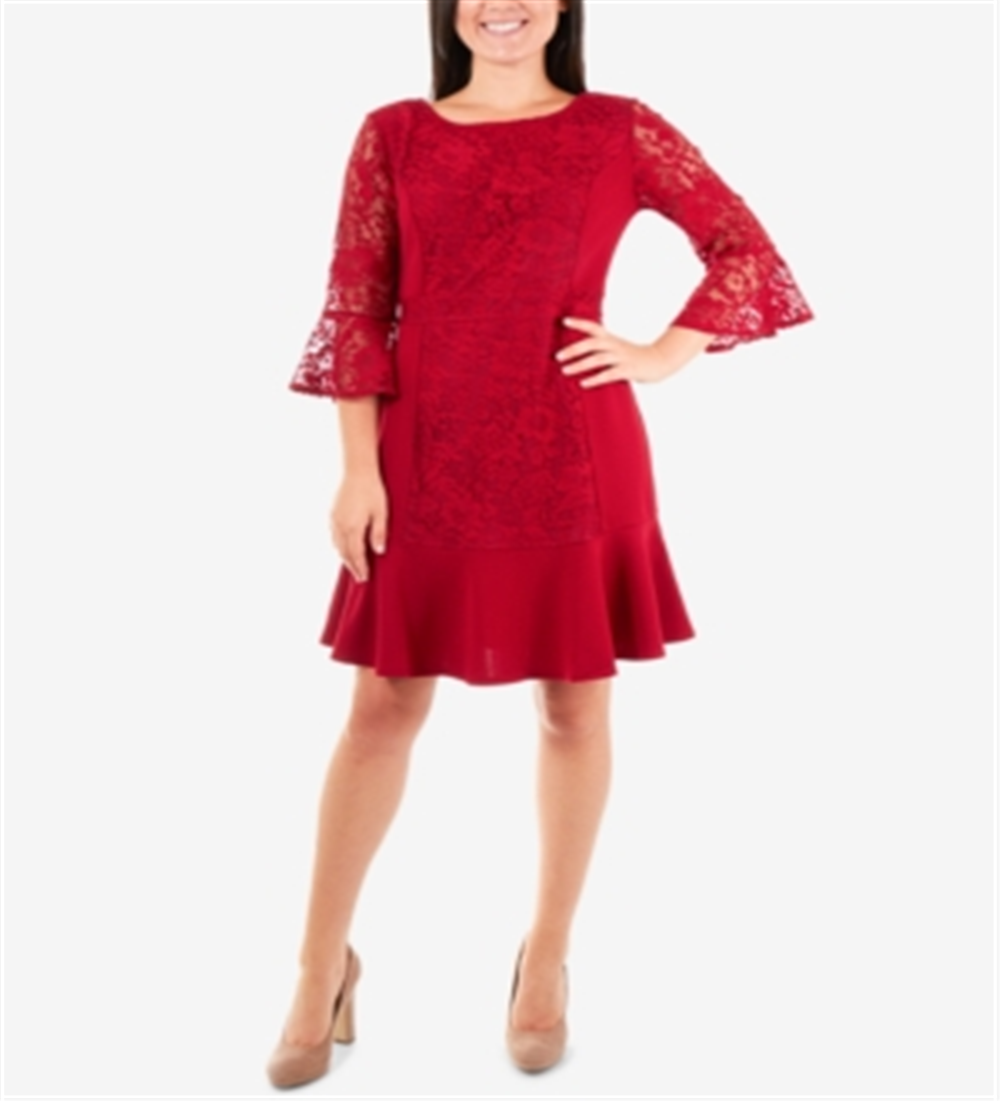Vestido feminino NY Collection com babados e renda, tamanho pequeno, vermelho