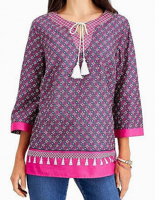 Blusa feminina Charter Club com decote dividido e borlas, túnica rosa, tamanho médio