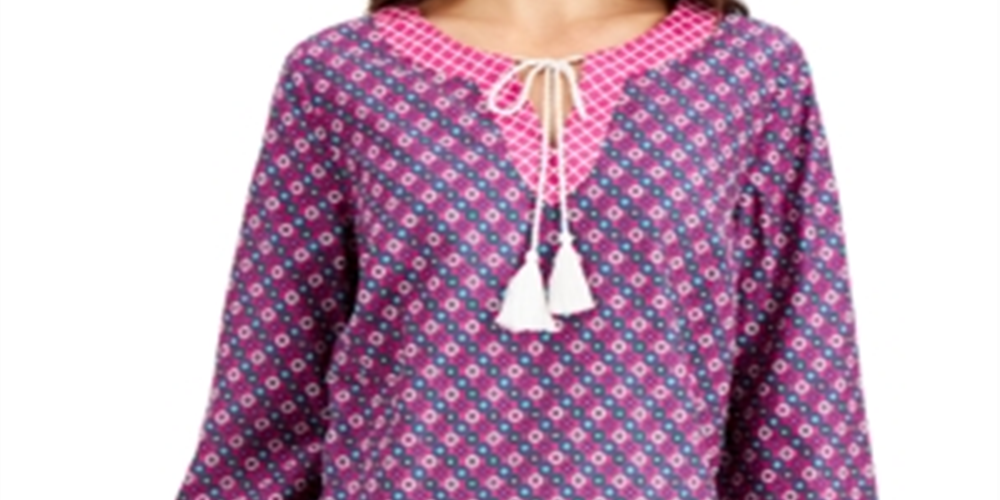 Blusa feminina Charter Club com decote dividido e borlas, túnica rosa, tamanho médio