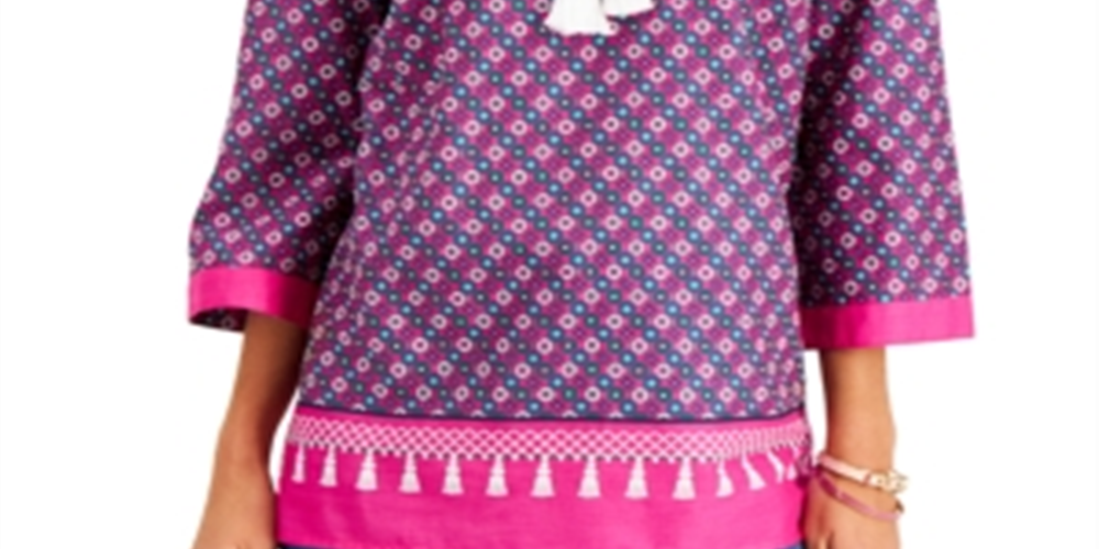 Blusa feminina Charter Club com decote dividido e borlas, túnica rosa, tamanho médio