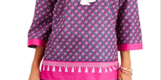 Blusa feminina Charter Club com decote dividido e borlas, túnica rosa, tamanho médio