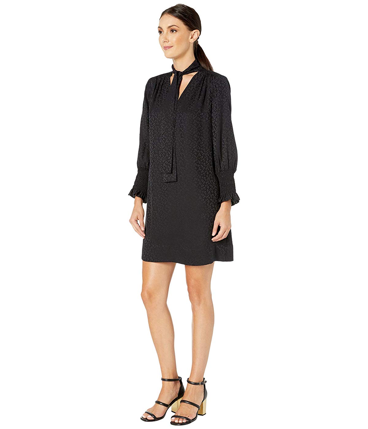 Vestido feminino Rebecca Taylor de manga comprida com jacquard de chita e gola amarrada, preto, tamanho XS