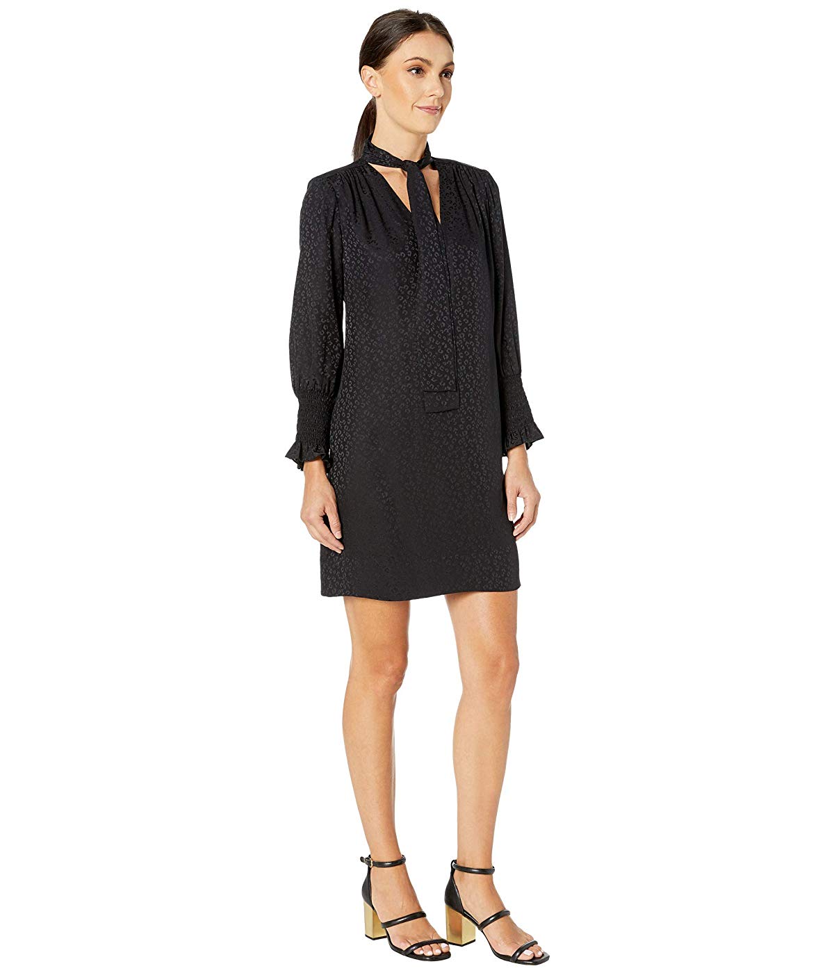 Vestido feminino Rebecca Taylor de manga comprida com jacquard de chita e gola amarrada, preto, tamanho XS
