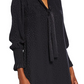 Vestido feminino Rebecca Taylor de manga comprida com jacquard de chita e gola amarrada, preto, tamanho XS