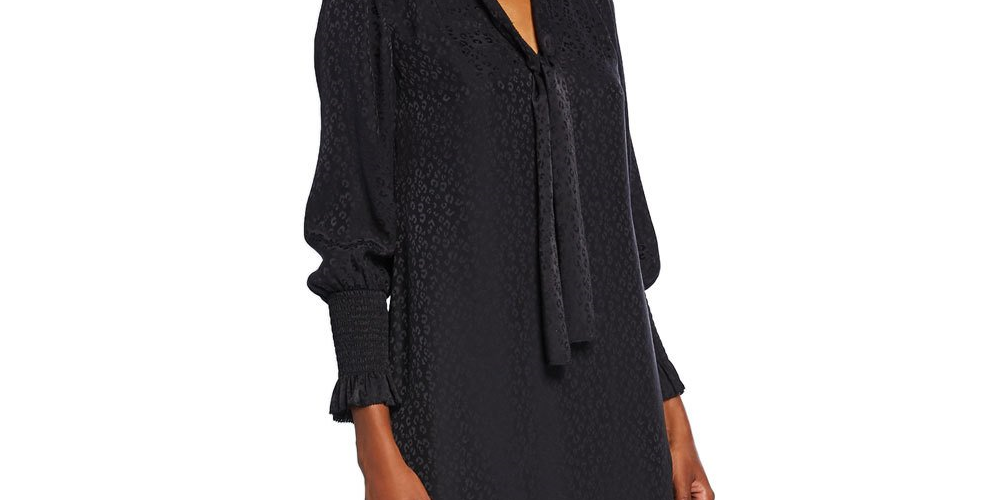 Vestido feminino Rebecca Taylor de manga comprida com jacquard de chita e gola amarrada, preto, tamanho XS