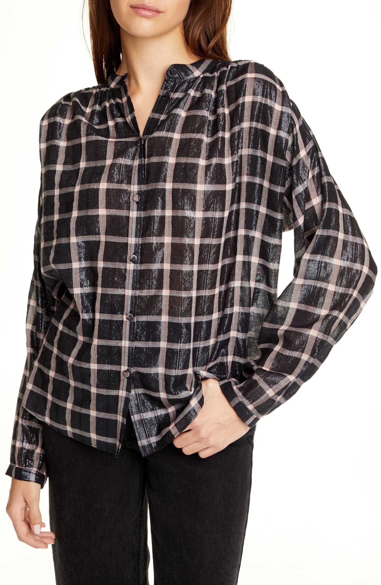 Blusa feminina xadrez de manga comprida com botões Rebecca Taylor, preta, tamanho XS