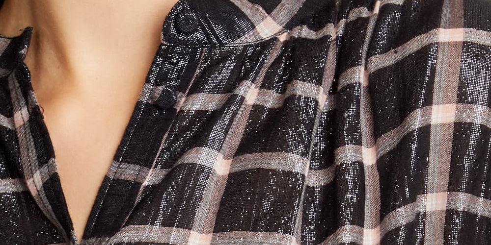 Blusa feminina xadrez de manga comprida com botões Rebecca Taylor, preta, tamanho XS