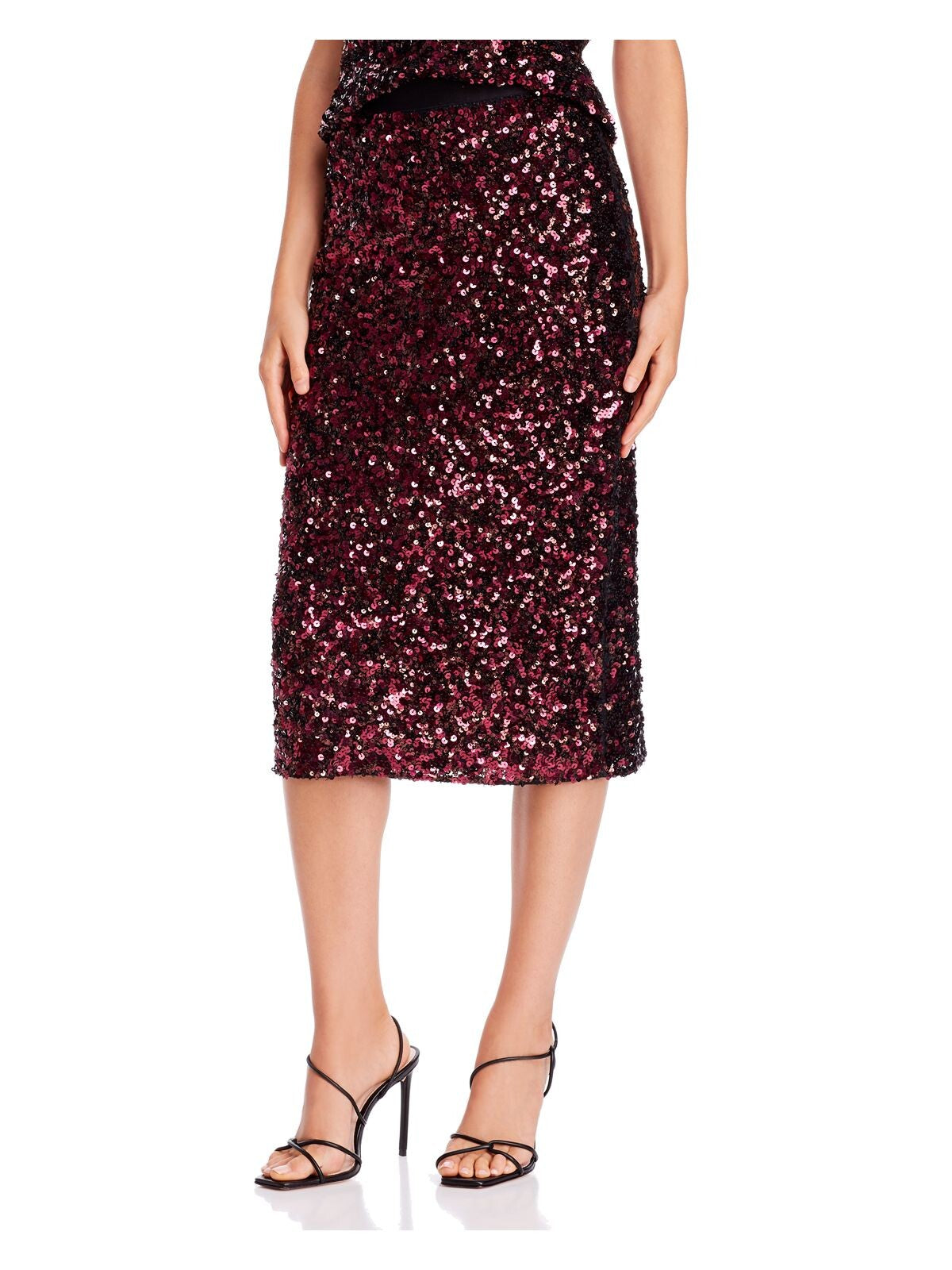 Saia lápis feminina Rebecca Taylor com lantejoulas e cor lisa abaixo do joelho, vermelha, tamanho grande