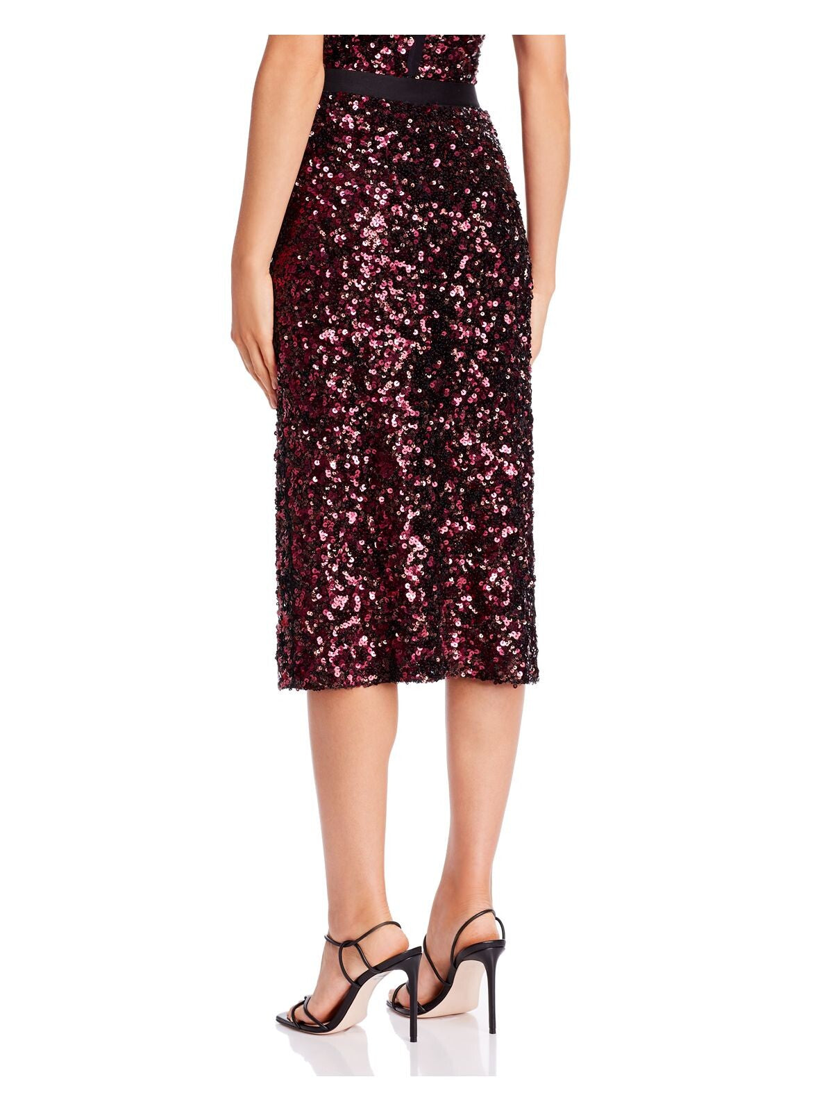 Saia lápis feminina Rebecca Taylor com lantejoulas e cor lisa abaixo do joelho, vermelha, tamanho grande