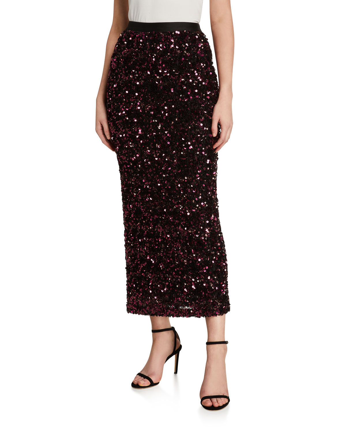 Saia lápis feminina Rebecca Taylor com lantejoulas e cor lisa abaixo do joelho, vermelha, tamanho grande