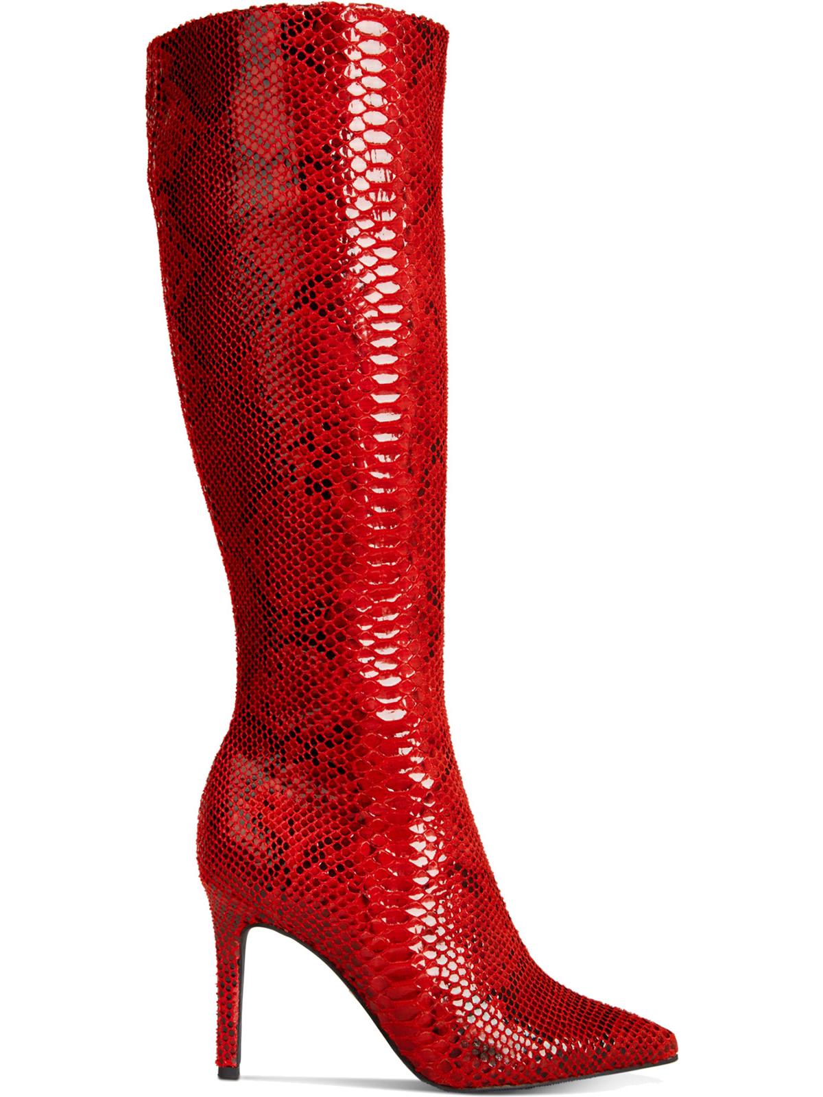 Botas femininas Thalia Sodi com estampa animal, bico fino, salto agulha, zíper, vermelho, tamanho 6 M