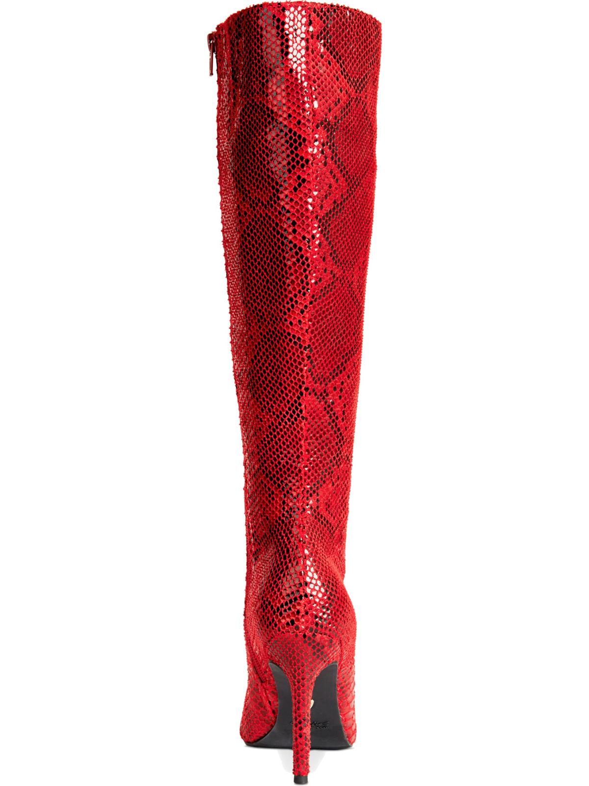 Botas femininas Thalia Sodi com estampa animal, bico fino, salto agulha, zíper, vermelho, tamanho 6 M