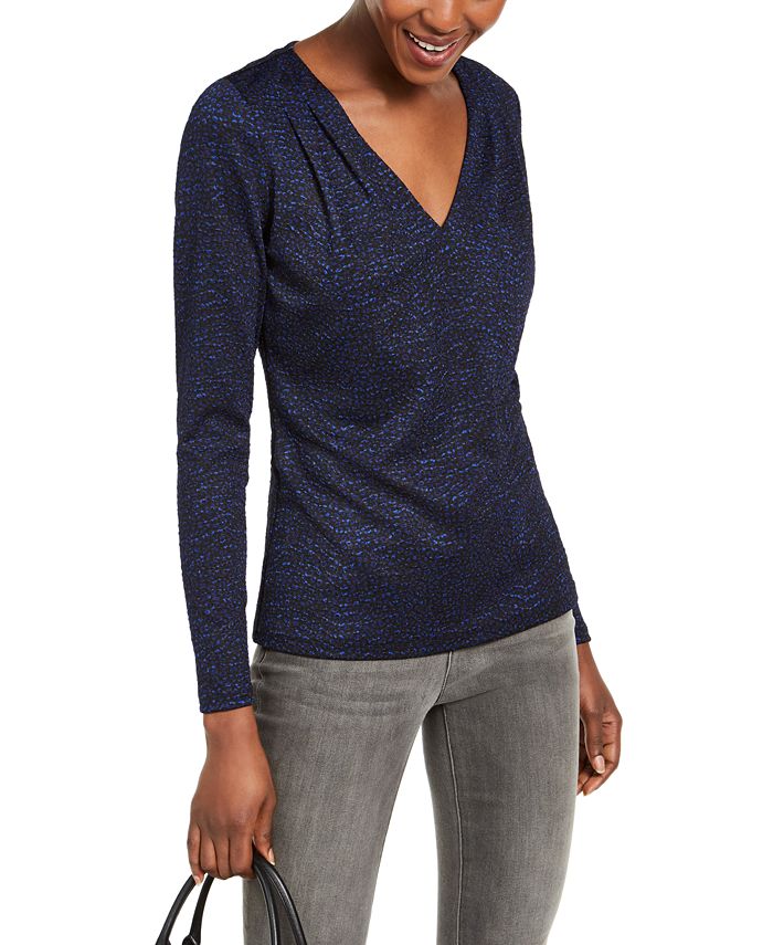 Blusa plissada estampada feminina Michael Kors, azul, tamanho G