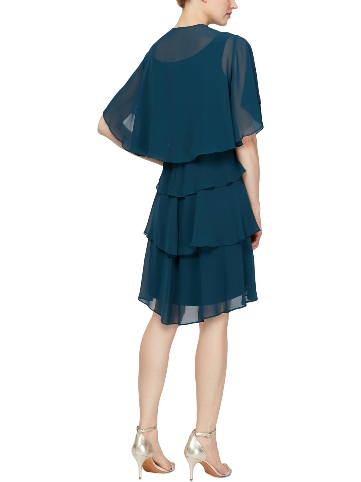 Vestido formal feminino Slny, azul-petróleo, com babados, manga curta, gola alta, acima do joelho, tamanho 14