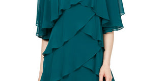 Vestido formal feminino Slny, azul-petróleo, com babados, manga curta, gola alta, acima do joelho, tamanho 14