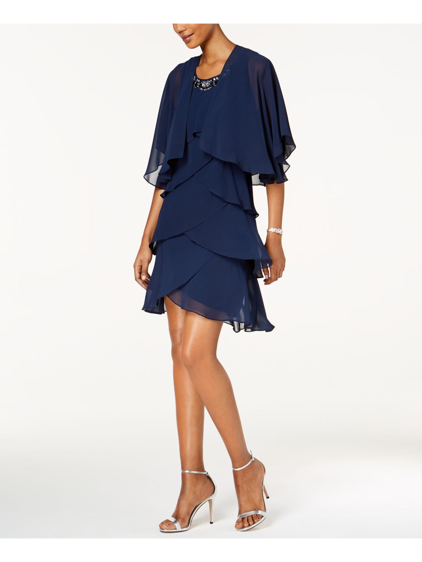 Vestido formal feminino Slny, azul-petróleo, com babados, manga curta, gola alta, acima do joelho, tamanho 14