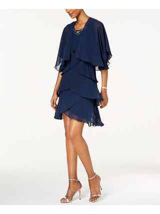 Vestido formal feminino Slny, azul-petróleo, com babados, manga curta, gola alta, acima do joelho, tamanho 14