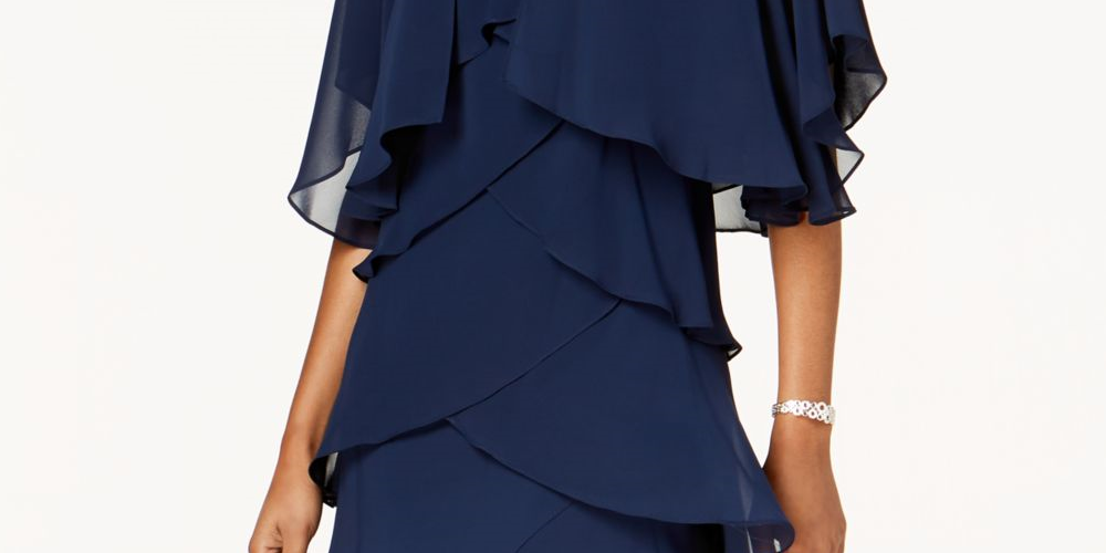 Vestido formal feminino Slny, azul-petróleo, com babados, manga curta, gola alta, acima do joelho, tamanho 14