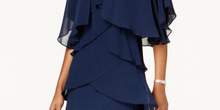 Vestido formal feminino Slny, azul-petróleo, com babados, manga curta, gola alta, acima do joelho, tamanho 14