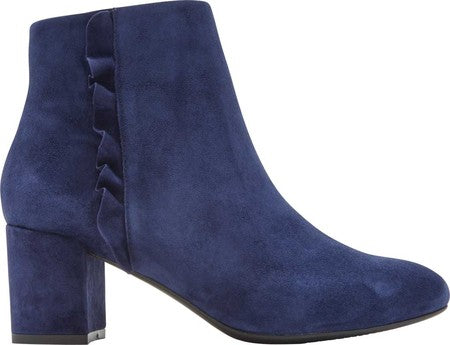 Botas de couro Rockport Comfort Oaklee acolchoadas e com babados, bico redondo e salto bloco, com zíper, tamanho 7,5 M, azul