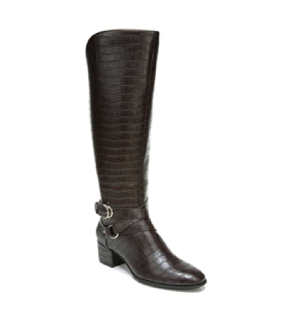LifeStride Botas femininas de salto alto com zíper e bico redondo antiderrapante, estilo panturrilha larga, marrom, tamanho 9,5