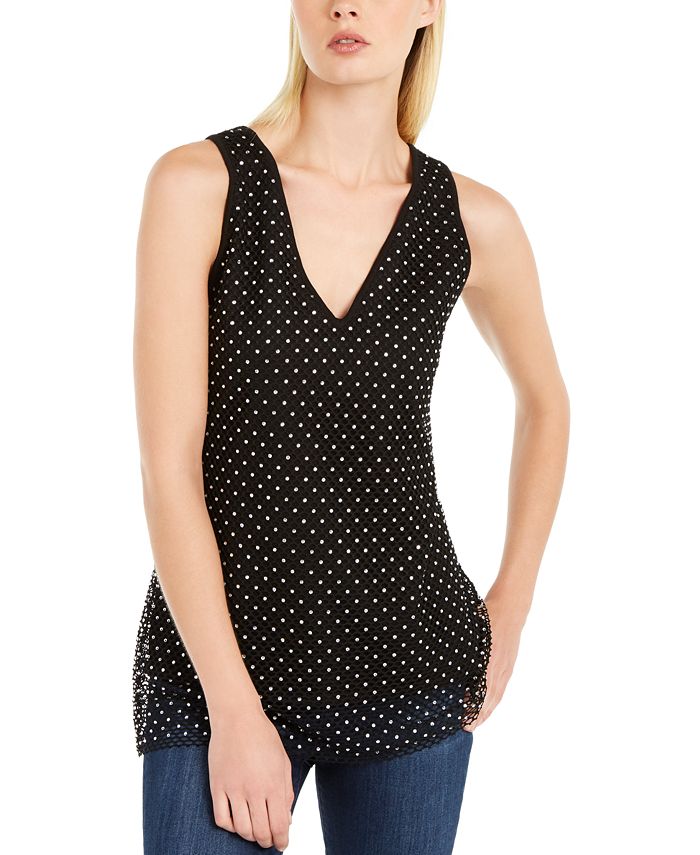 Suéter feminino sem mangas com strass e decote em V, preto, tamanho extrapequeno, da INC International Concepts