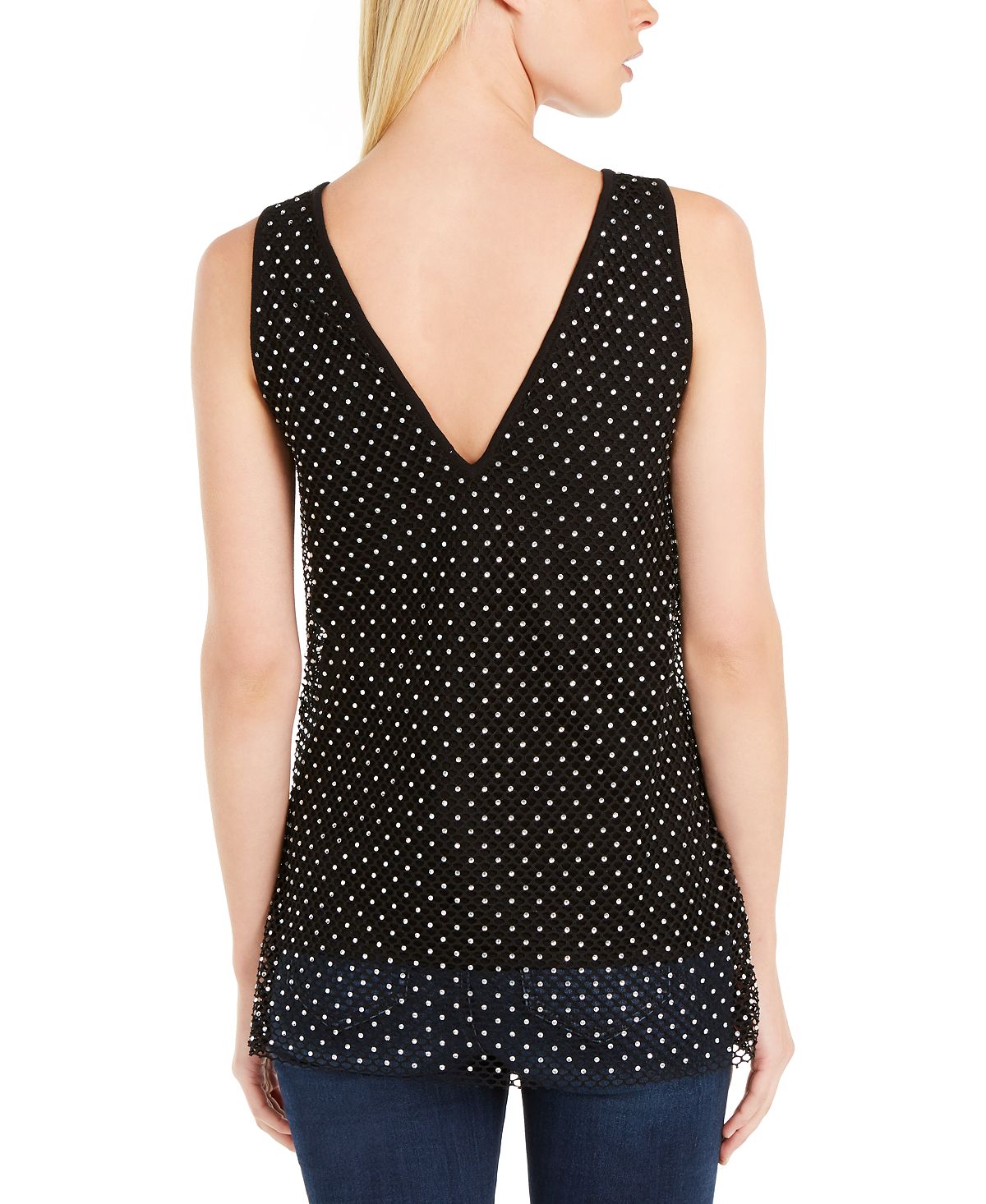 Suéter feminino sem mangas com strass e decote em V, preto, tamanho extrapequeno, da INC International Concepts