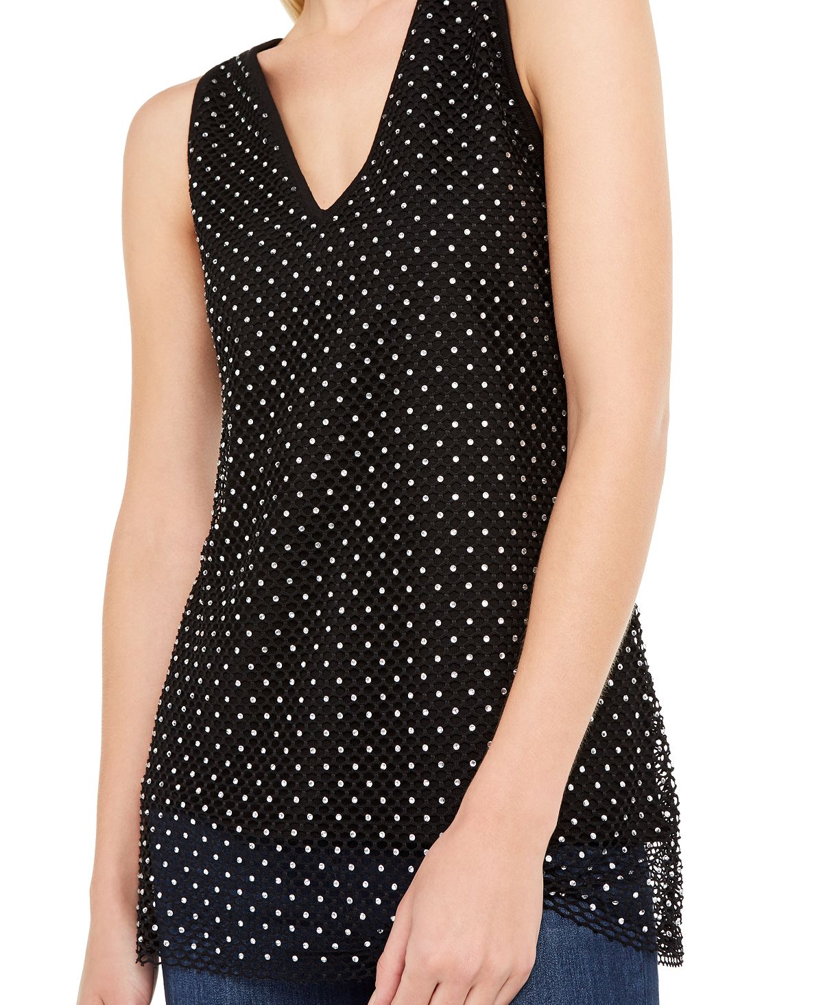 Suéter feminino sem mangas com strass e decote em V, preto, tamanho extrapequeno, da INC International Concepts