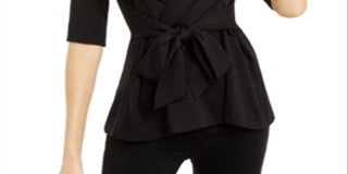 Blusa Alfani Feminina com Manga Cotovelo e Envoltório Falso, Preta, Tamanho Pequeno P
