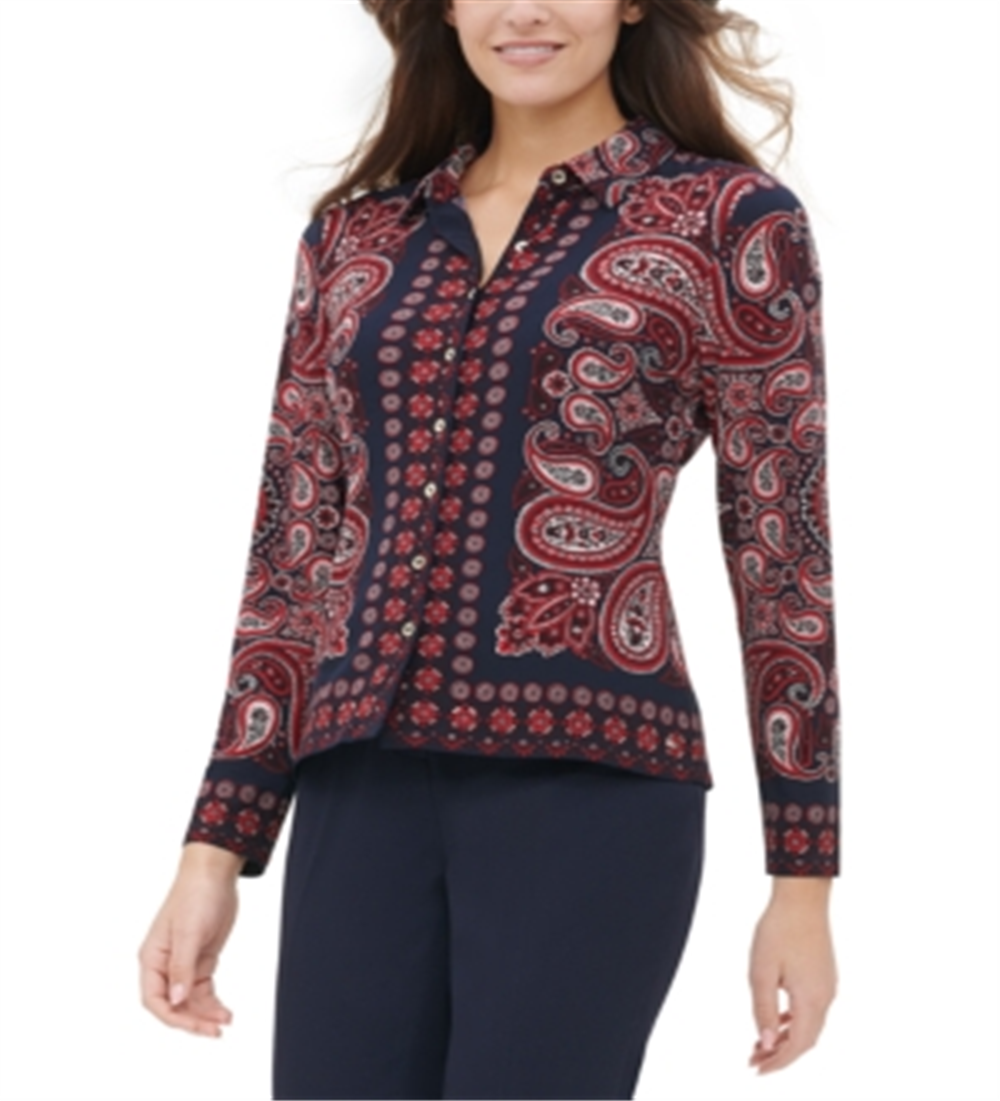 Blusa feminina Tommy Hilfiger com estampa Paisley e botões, branca, tamanho P