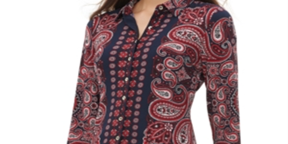 Blusa feminina Tommy Hilfiger com estampa Paisley e botões, branca, tamanho P