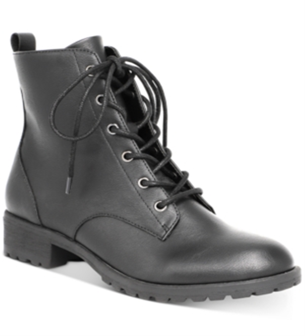 Botas de combate femininas American Rag Franie de couro com bico fechado e tornozelo, pretas, tamanho 7,5 M