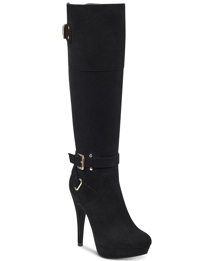 Botas femininas Guss de tecido com bico amendoado e acima do joelho, pretas, tamanho 8,5 M