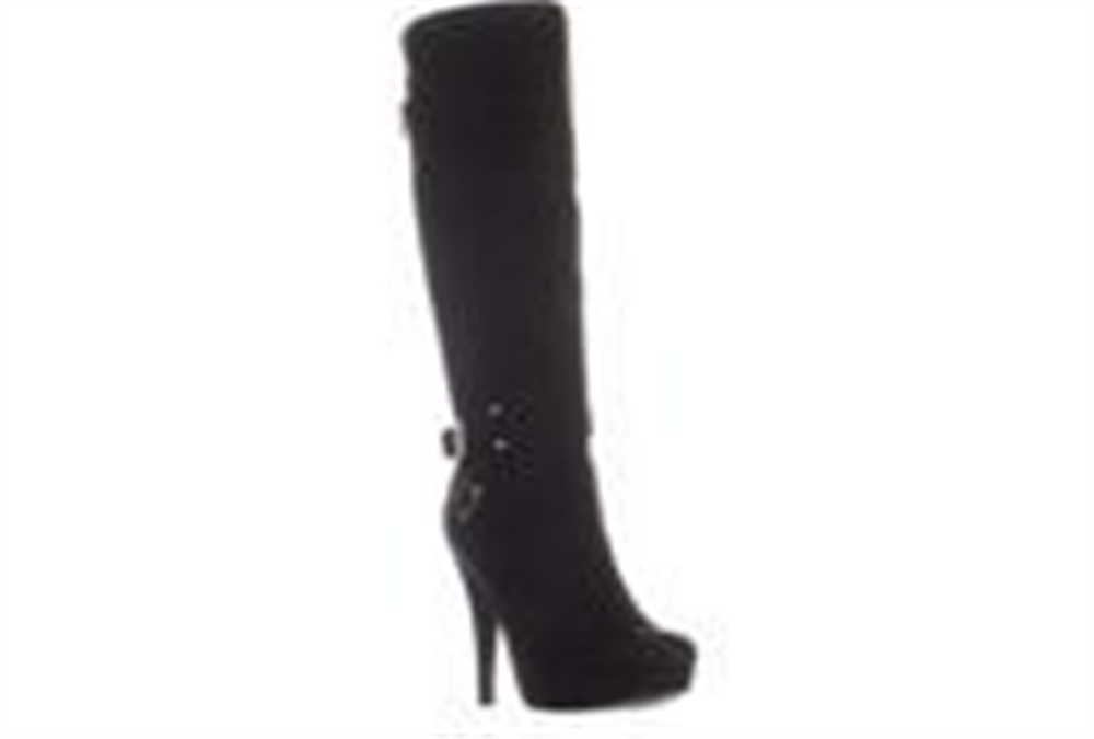 Botas femininas Guss de tecido com bico amendoado e acima do joelho, pretas, tamanho 8,5 M