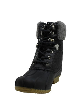 Tommy Hilfiger Botas de neve femininas com detalhes metálicos e detalhes em pele, à prova d'água, bico redondo, salto bloco, cadarço, pretas, tamanho 5 M