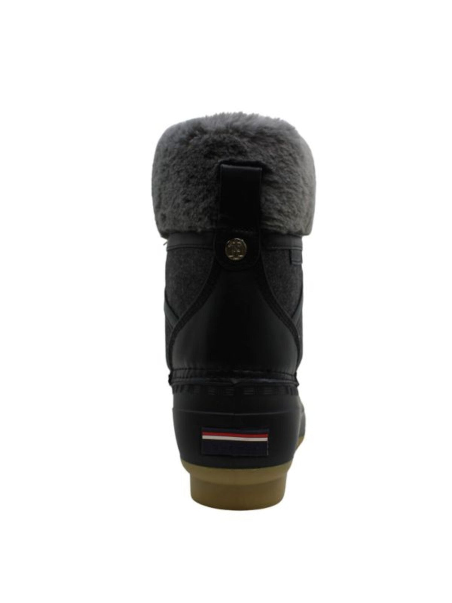 Tommy Hilfiger Botas de neve femininas com detalhes metálicos e detalhes em pele, à prova d'água, bico redondo, salto bloco, cadarço, pretas, tamanho 5 M