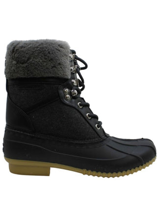 Tommy Hilfiger Botas de neve femininas com detalhes metálicos e detalhes em pele, à prova d'água, bico redondo, salto bloco, cadarço, pretas, tamanho 5 M